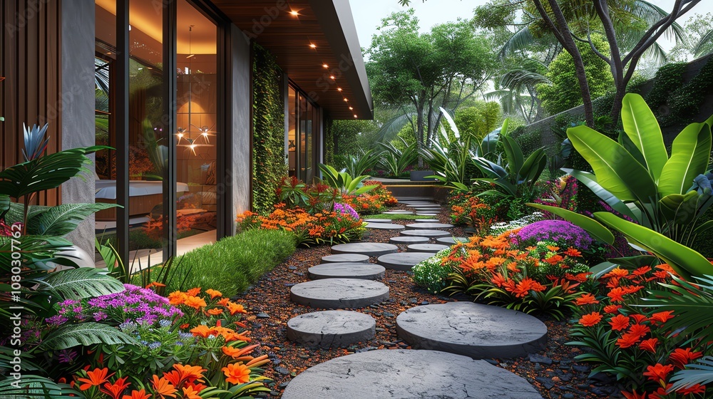 A stone pathway leads through a lush, tropical garden to a modern home with large windows. A stone pathway leads through a lush, tropical garden to a modern home with large windows.