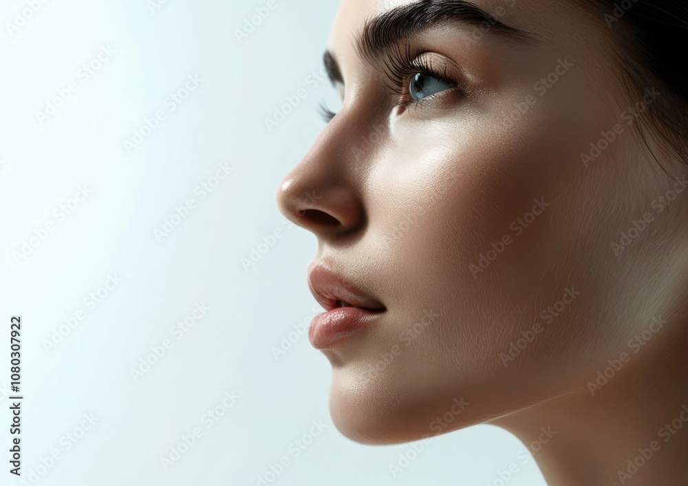The artwork features a tranquil woman with immaculate skin, displaying sophistication and grace, representing the essence of current beauty standards. It emphasizes style and elegance The artwork features a tranquil woman with immaculate skin, displaying sophistication and grace, representing the essence of current beauty standards. It emphasizes style and elegance