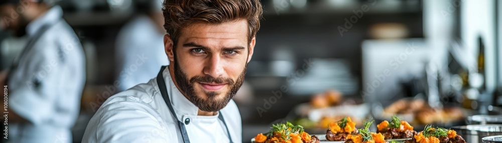 Chef crafts exquisite gourmet dish in a bustling professional kitchen environment Chef crafts exquisite gourmet dish in a bustling professional kitchen environment
