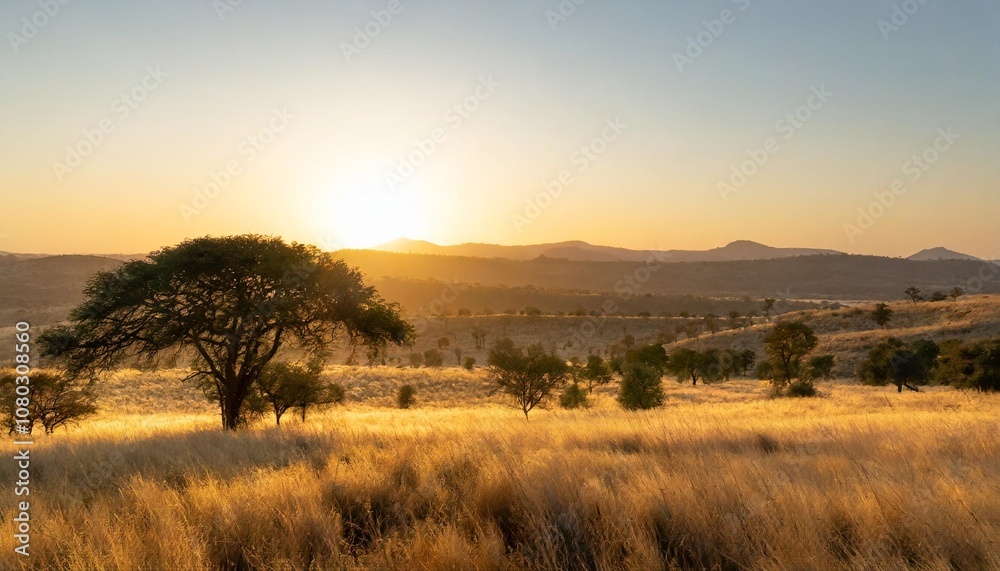 Sunrise Over a Vast Savannah With Golden Grass Stretching to the Horizon, Dotted With Acacia Trees and Backed by Distant Rolling Hills Under a Clear Sky Sunrise Over a Vast Savannah With Golden Grass Stretching to the Horizon, Dotted With Acacia Trees and Backed by Distant Rolling Hills Under a Clear Sky