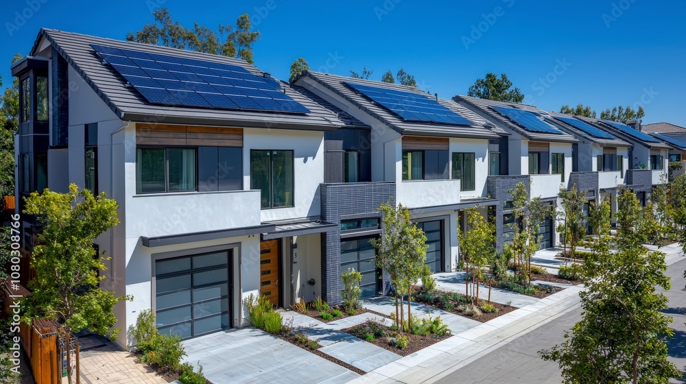 Eco-friendly residences with solar panels and manicured landscaping under a clear, sunny sky, reflecting sustainable living and innovative home design in a modern suburb. Eco-friendly residences with solar panels and manicured landscaping under a clear, sunny sky, reflecting sustainable living and innovative home design in a modern suburb.