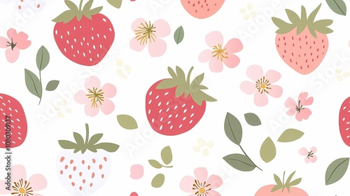 cute pink and white strawberry flowers illustration poster background