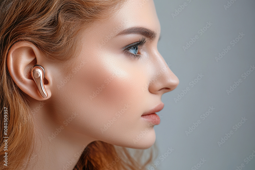 Fototapeta premium Deaf woman showcasing her hearing aids in studio setting with plain background