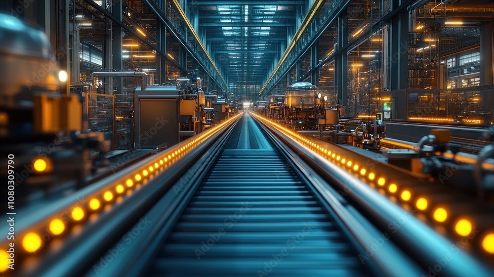 A modern industrial setting with illuminated conveyor belts. A modern industrial setting with illuminated conveyor belts.