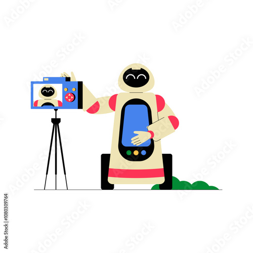 Robot Taking Selfie With Camera On Tripod In Flat Vector Illustration Symbolizing AI Social Interaction And Technology Integration, Isolated On White Background