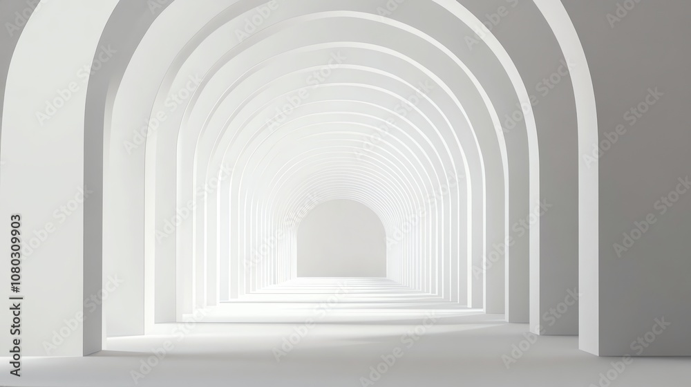 A long hallway with white arches and a bright light at the end. A long hallway with white arches and a bright light at the end.