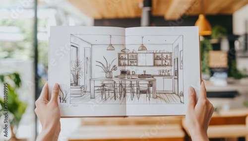 Hand holding an open sketchbook with detailed interior design sketches of a modern kitchen, dining room, and living area in the background, symbolizing creativity and home decor fun.