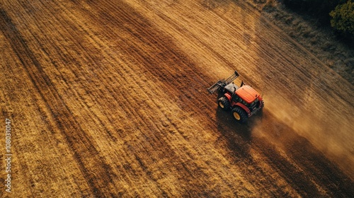 Aerial View of a Red Tractor Working a Field of Dry Crops