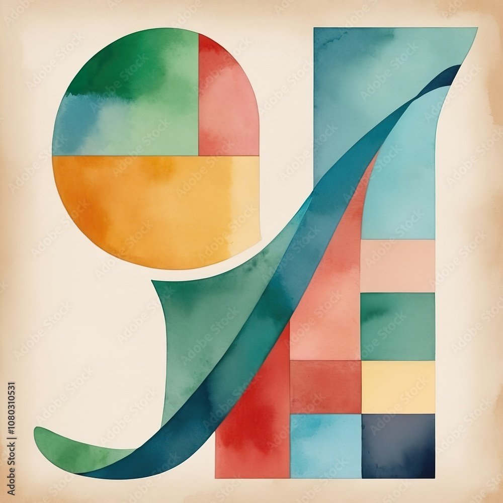 Obraz premium Abstract colorful vibrant geometric watercolour background. Multicolored shapes and elements in a frame. Square retro wallpaper. Technology energy pattern. 