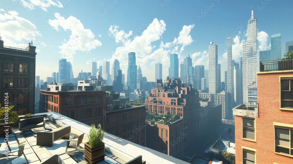 Rooftop terrace with city skyline view. Rooftop terrace with city skyline view.