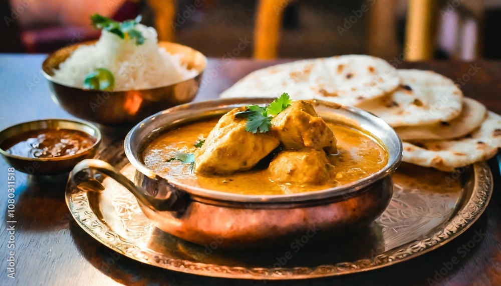 Authentic Indian Curry With Tender Chicken Pieces and Rich Gravy, Served With Fresh Naan Bread on a Traditional Copper Plate in an Ethnic Restaurant Setting Authentic Indian Curry With Tender Chicken Pieces and Rich Gravy, Served With Fresh Naan Bread on a Traditional Copper Plate in an Ethnic Restaurant Setting