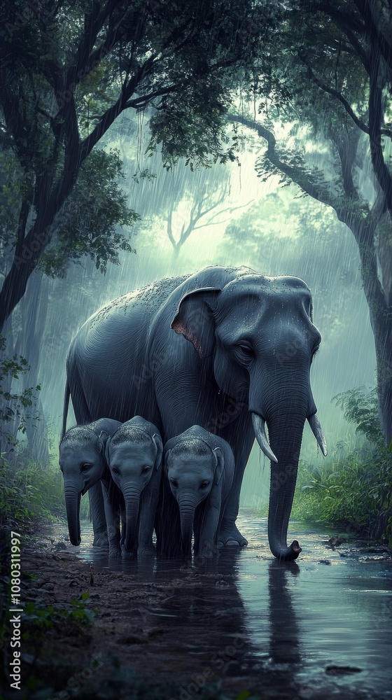 Fototapeta premium Serene Elephant Family Walks Through Rainy Forest Landscape.