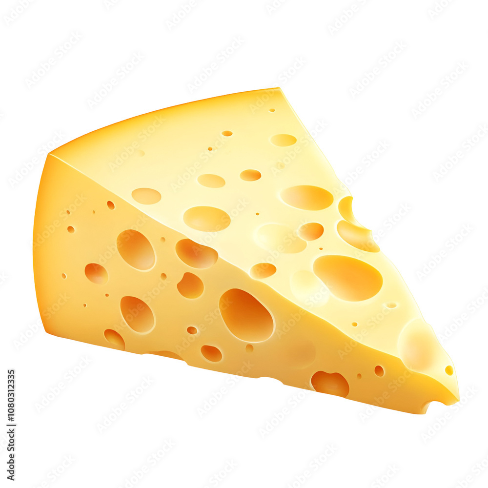 Slice of cheese food yellow with holes isolated on a white background.