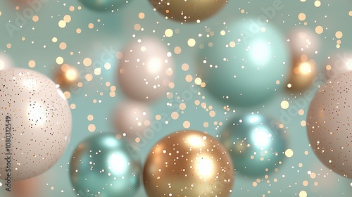 Elegant floating spheres with glitter on soft turquoise background