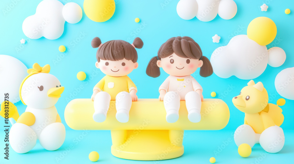 Cute children playing on yellow seesaw with colorful clouds and playful animals. scene is bright and cheerful, evoking sense of joy and fun Cute children playing on yellow seesaw with colorful clouds and playful animals. scene is bright and cheerful, evoking sense of joy and fun