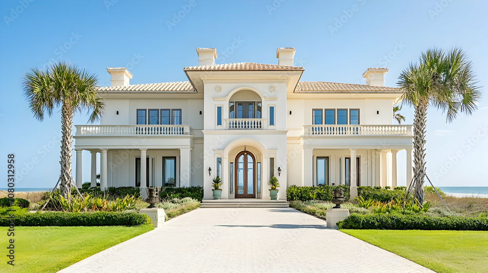 Naklejka premium Palm Beach Mediterranean villa with private beach cabana and tropical gardens, luxury Florida coastal estate