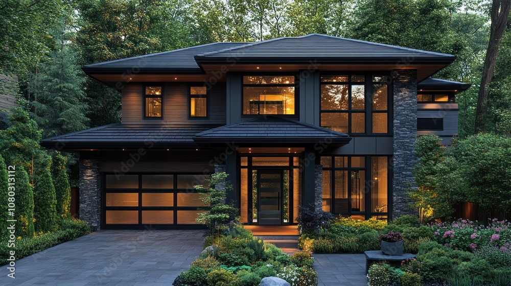 Modern home with sleek design and lush landscaping at dusk. Modern home with sleek design and lush landscaping at dusk.