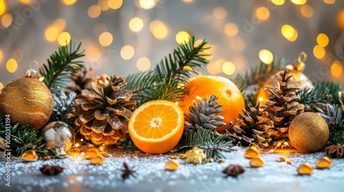 Christmas composition. Fir branches, oranges, decorations, cones, warm lights on a snowy table.