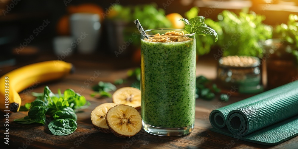 Green smoothie with banana and spinach on wooden table with yoga mat.