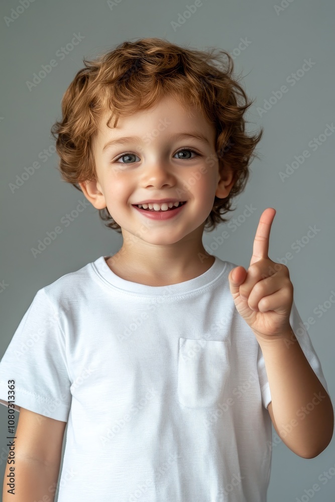 Smiling young boy in a white shirt, pointing up with an enthusiastic expression against a neutral background. Smiling young boy in a white shirt, pointing up with an enthusiastic expression against a neutral background.