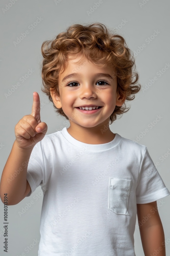 Happy child with curly hair and white shirt gestures upward, expressing positivity and curiosity in a studio setting. Happy child with curly hair and white shirt gestures upward, expressing positivity and curiosity in a studio setting.