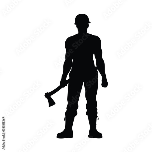 A man is holding an axe and standing in front of a white background. He is wearing a hard hat and safety glasses