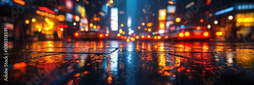 Urban Nightlife Reflections, vibrant city streets illuminated by glowing lights, shimmering reflections on rain-soaked pavement, dynamic atmosphere photo