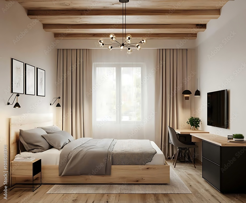 3D Rendering of an Elegant Minimalist Bedroom with  Ambient Lighting, and Modern Decor