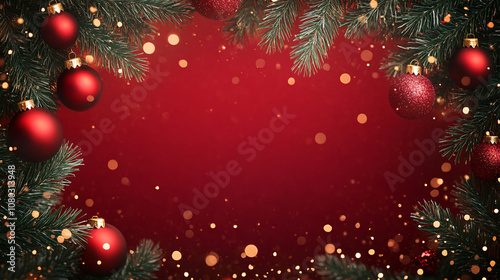 Christmas-themed festive backdrop with lush green pine branches, vibrant red ornaments, and soft diffused lighting, evoking a warm and inviting atmosphere,...