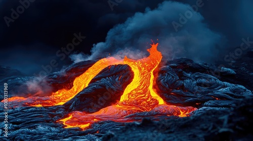 Molten lava flowing from an active volcano with smoke, dark background. photo