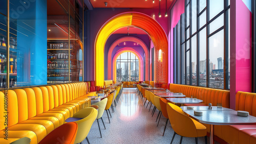 Vibrant and colorful restaurant interior with bold arches and seating