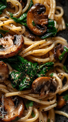 Vertical close-up of vegetarian black truffle pasta with linguine in vegan cashew cream sauce, featuring sautéed wild mushrooms, baby spinach, and roasted garlic. photo