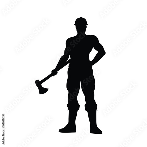 A man is holding an axe and standing in front of a white background. He is wearing a hard hat and safety glasses
