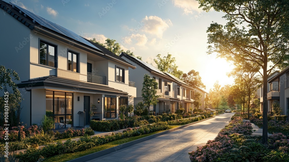 An elegant row of contemporary houses with solar panels, surrounded by lush greenery, under the warm glow of a setting sun, signifying eco-friendly urban living.