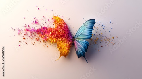 A vibrant butterfly disintegrates into colorful fragments, creating a stunning visual of transformation and beauty against a neutral background.
