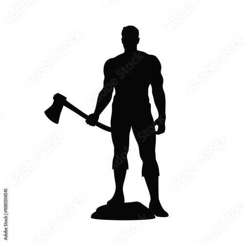 A man is holding an axe and standing in front of a white background. He is wearing a hard hat and safety glasses