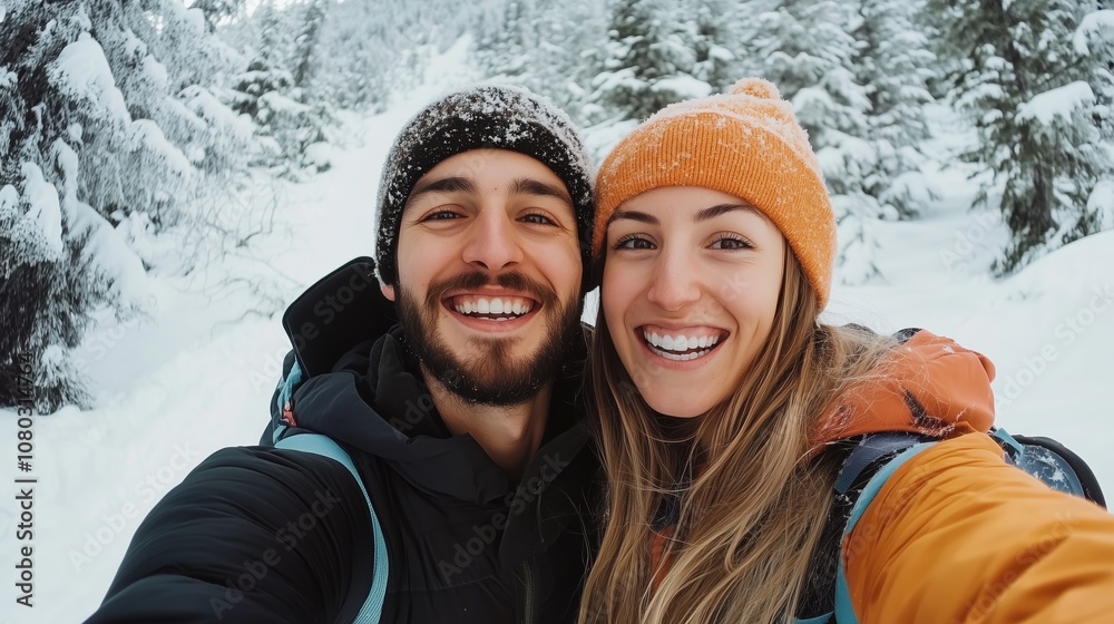 A happy couple smiles for a selfie in a snowy forest on a winter day A happy couple smiles for a selfie in a snowy forest on a winter day
