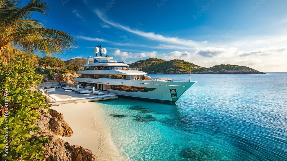 Fototapeta premium A luxury yacht is docked at a small tropical island.