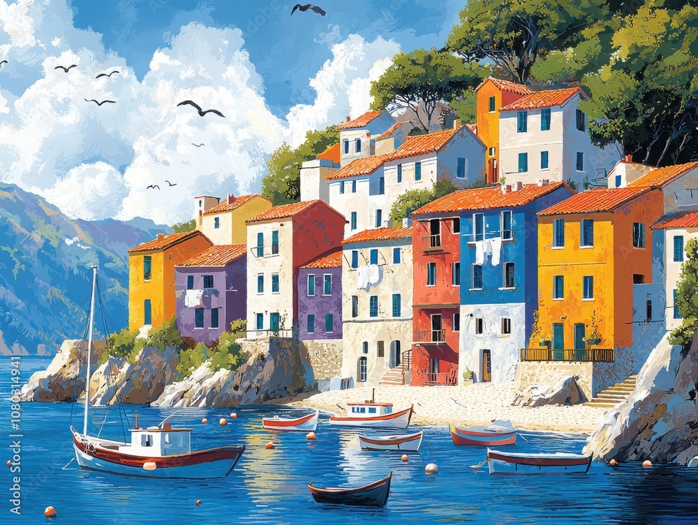 Obraz premium Explore the vibrant charm of a mediterranean coastal village surrounded by stunning landscapes
