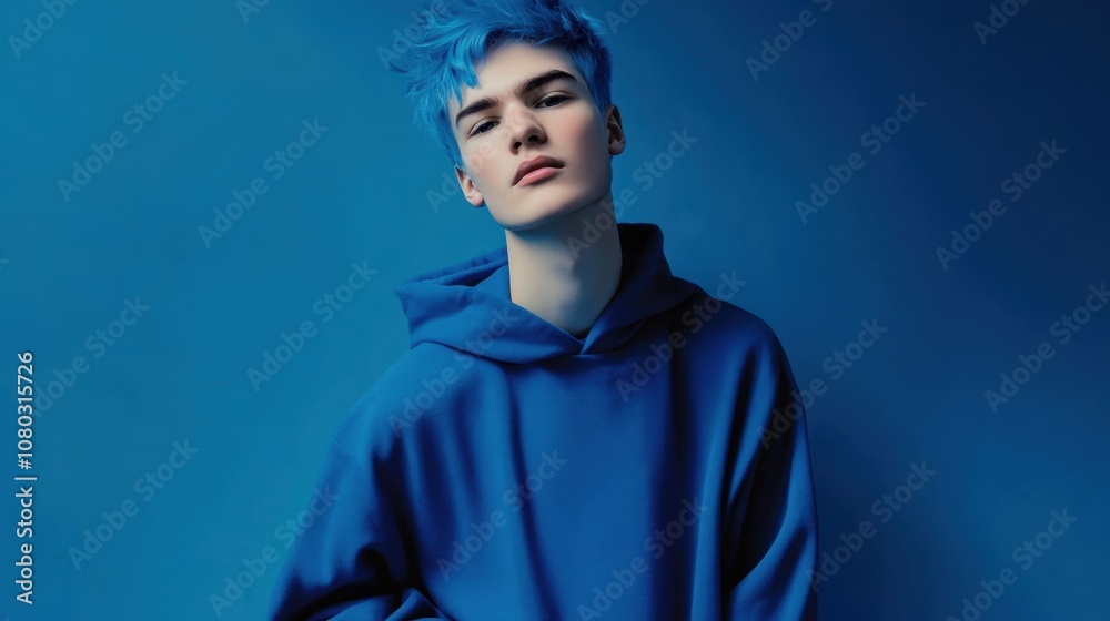 Young man in blue hoodie against blue background Young man in blue hoodie against blue background