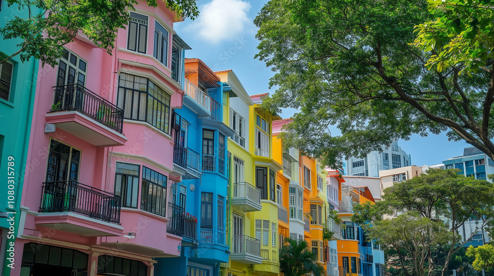 Fototapeta premium Kolorowe budynki w szeregu z balkonami, przed którymi rosną drzewa, wprowadzają radosny akcent do przestrzeni miejskiej. 