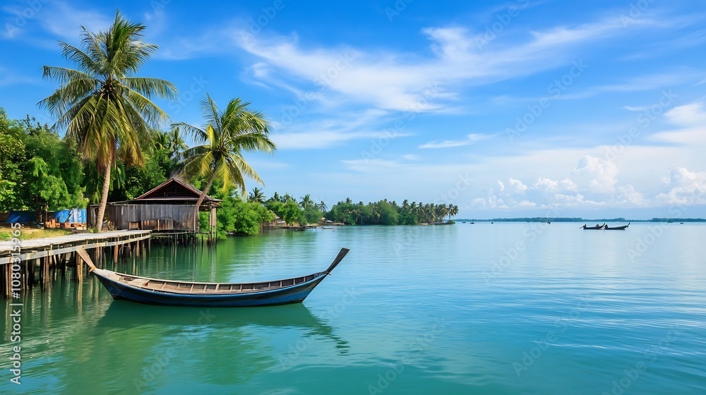 Serene Tropical Island Getaway with Wooden Pier and Boat on Turquoise Waters Serene Tropical Island Getaway with Wooden Pier and Boat on Turquoise Waters