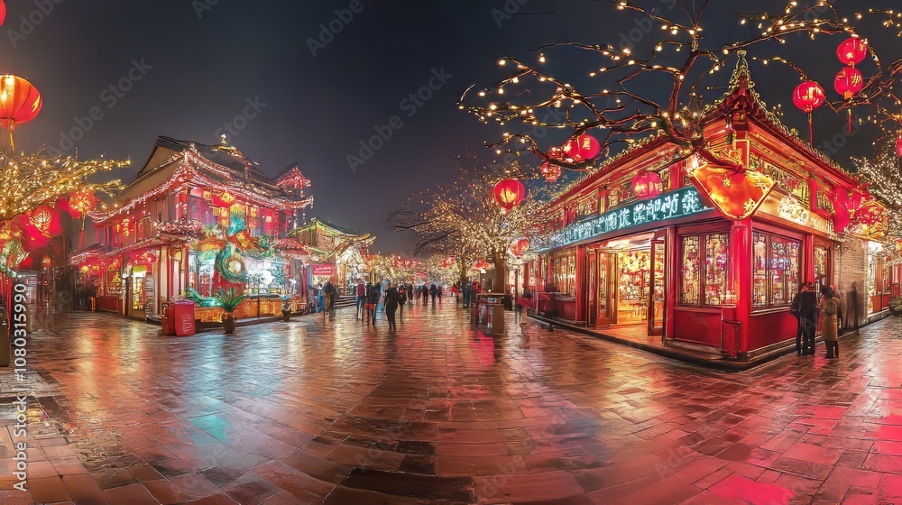 Fototapeta premium Bustling night market adorned with colorful lanterns and festive decorations, capturing the essence of a vibrant cultural celebration.