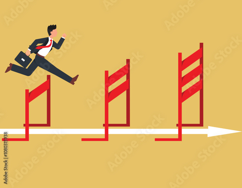 Overcoming obstacles and achieving the goal. ambitious businessman jump over hurdles to find higher obstacles.