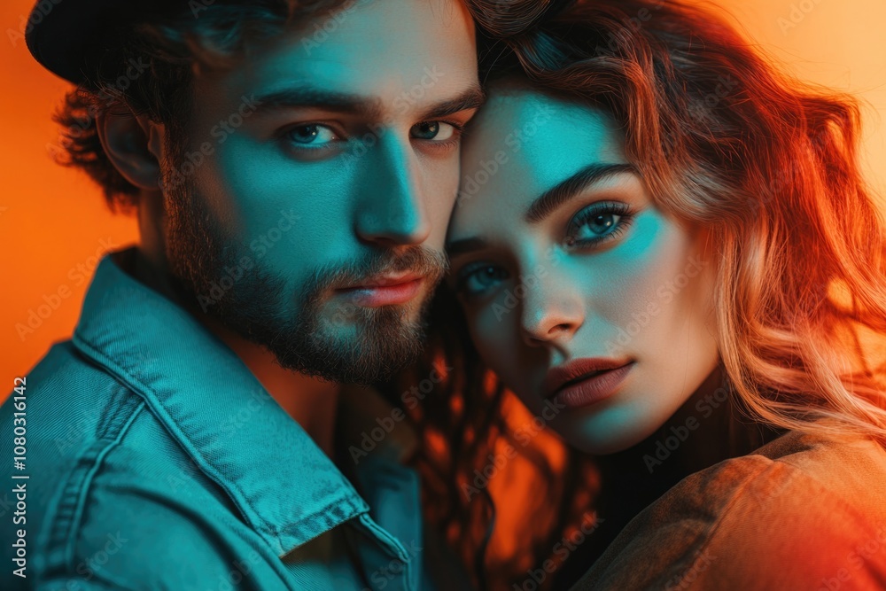 A couple smiling and posing together in a photo shoot A couple smiling and posing together in a photo shoot