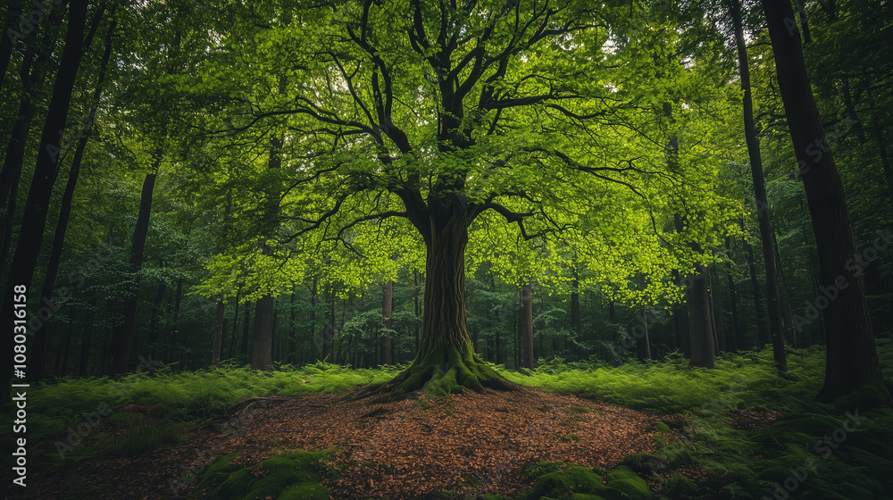 Naklejka premium Pojedyncze drzewo stoi pośród gęsto zalesionego krajobrazu, wypełnionego soczystą zielenią.