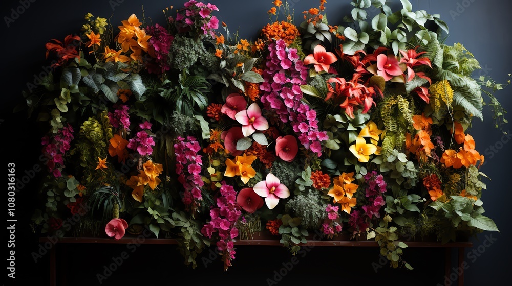 A vibrant wall of colorful paper flowers and green foliage. A vibrant wall of colorful paper flowers and green foliage.