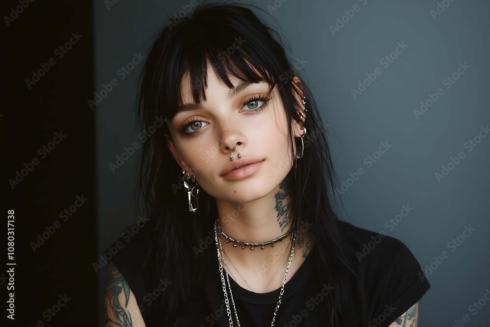 Portrait of a beautiful young goth female with black hair, tattoos and piercing looking at camera. Portrait of a beautiful young goth female with black hair, tattoos and piercing looking at camera.