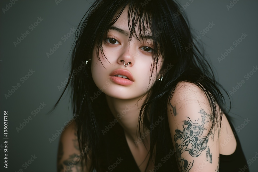 Portrait of a beautiful young goth female with black hair, tattoos and piercing looking at camera. Portrait of a beautiful young goth female with black hair, tattoos and piercing looking at camera.