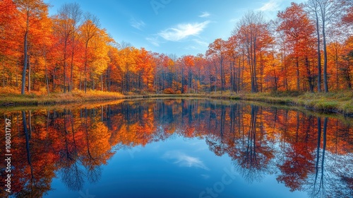 Serene Autumn Reflections, tranquil lake mirroring vibrant fall foliage, peaceful scene capturing nature's seasonal beauty